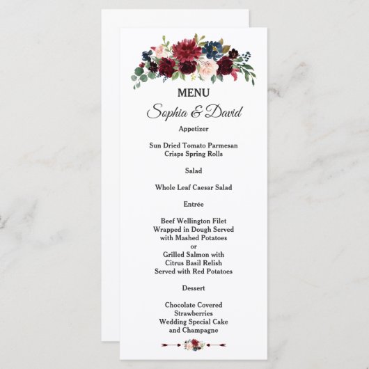 Bezauberndes Merlot Navy Blumenmenü Menükarte (Vorne/Hinten)