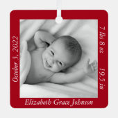 Bezauberndes Red Baby's First Foto, Name & Stats Ornament Aus Metall (Vorderseite)