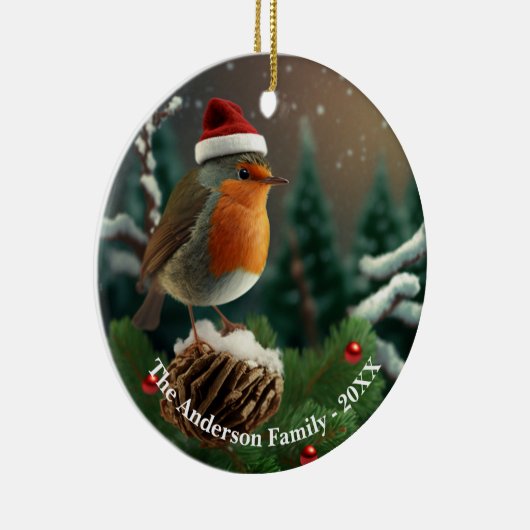 Bezauberndes Rotkehlchen über einem schneebedeckte Keramik Ornament (Rechts)