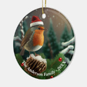 Bezauberndes Rotkehlchen über einem schneebedeckte Keramik Ornament (Links)