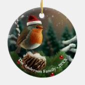 Bezauberndes Rotkehlchen über einem schneebedeckte Keramik Ornament (Hinten)