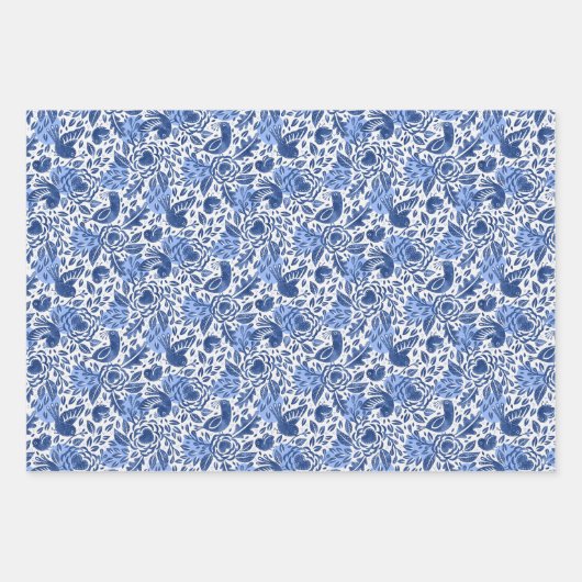 Bezauberndes Royal Blue Early Spring Blumenmuster Geschenkpapier Set (Vorderseite 2)