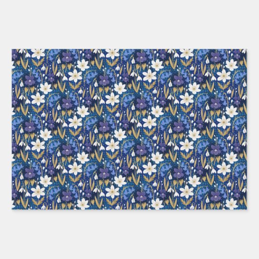 Bezauberndes Royal Blue Early Spring Blumenmuster Geschenkpapier Set (Vorderseite)