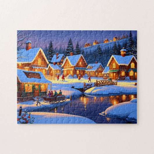 Bezauberndes, schneebedecktes Village Winterwunder Puzzle (Horizontal)