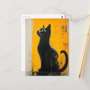bezauberndes schwarzes Kätzchen Grunge gelber Hint Postkarte