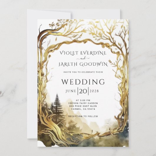 Bezauberndes Waldgoldportal zum Hochzeitsempfang Einladung (Vorderseite)