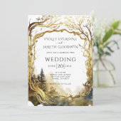 Bezauberndes Waldgoldportal zum Hochzeitsempfang Einladung (Stehend Vorderseite)
