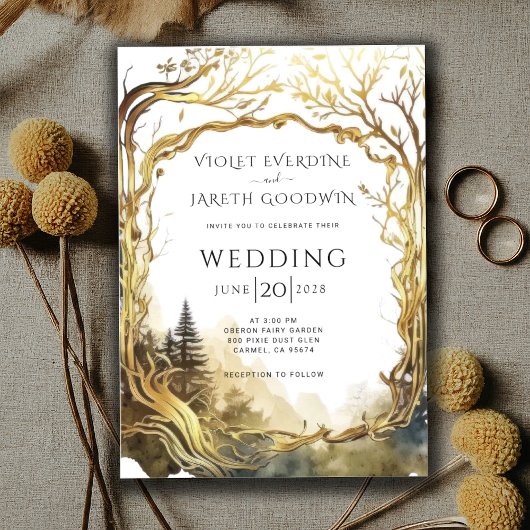 Bezauberndes Waldgoldportal zum Hochzeitsempfang Einladung
