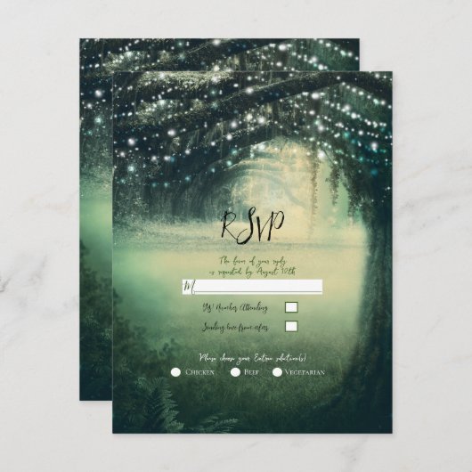 Bezauberndes Waldgrün blaue Lichter Hochzeit RSVP Einladung (Vorne/Hinten)