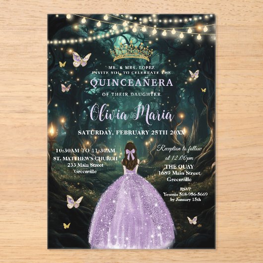 Bezauberndes Waldkleid Lila Lilac Kleid Quinceañer Acryleinladungen