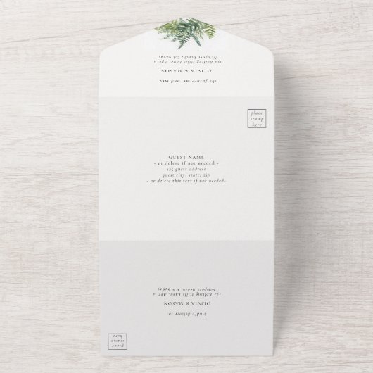 Bezauberndes Waldland Ferns Monogramme Hochzeit All In One Einladung (Außenbereich)