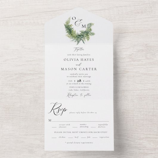 Bezauberndes Waldland Ferns Monogramme Hochzeit All In One Einladung (Innen Boden)