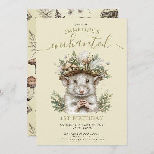 Bezauberndes Waldmäusentier 1. Geburtstag Einladung (Vorne/Hinten)