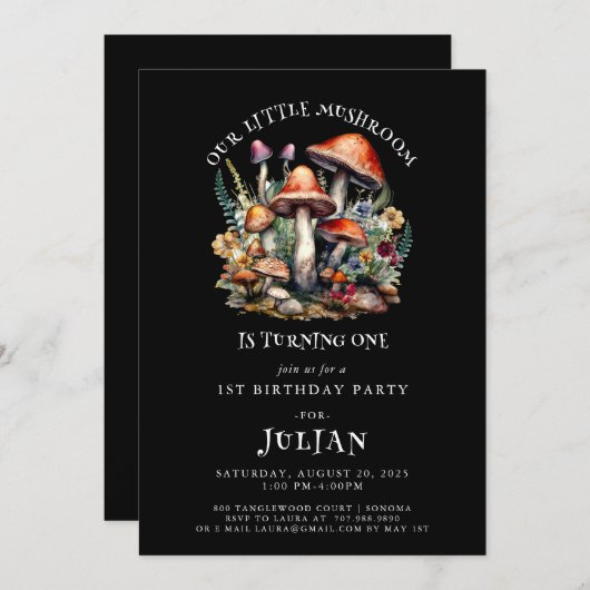 Bezauberndes Waldmushroom Woodland 1. Geburtstag Einladung (Vorne/Hinten)