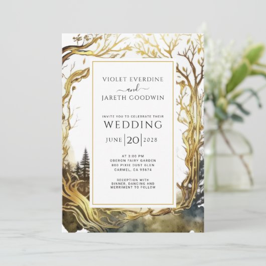 Bezauberndes Waldportal Hochzeitsgolden Einladung (Stehend Vorderseite)