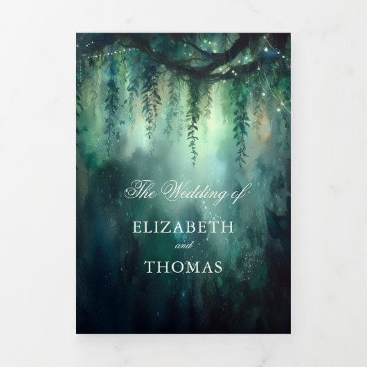 Bezauberndes waldromantisches Grün auf einer Hochz Dreifach Gefaltete Einladung (Cover)