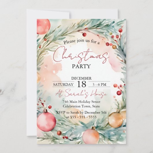 Bezauberndes Weihnachtsfest im Wasserfarbenkranz-P Einladung (Vorderseite)