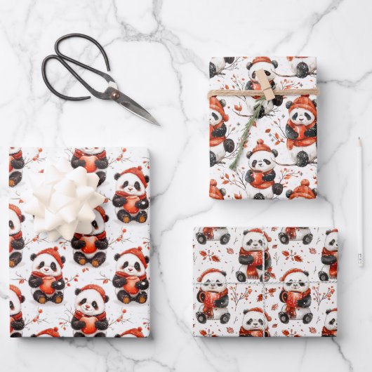 Bezauberndes Winterpanda-Muster mit gemütlicher Re Geschenkpapier Set (Vorderseite)