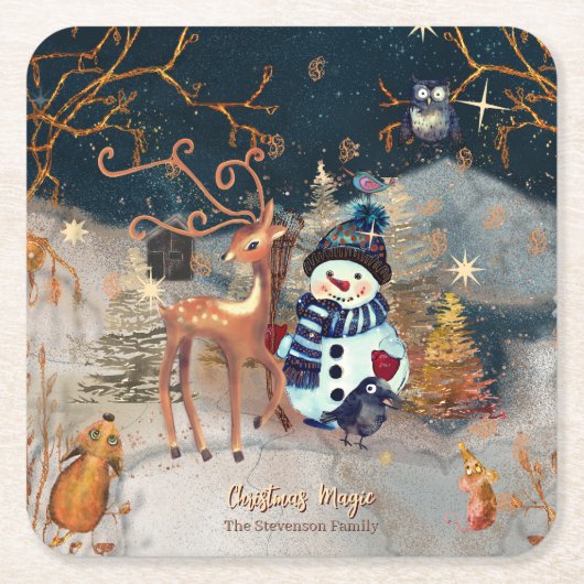 Bezauberndes Winterwunder Snowmand & Deer Rechteckiger Pappuntersetzer (Vorderseite)