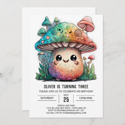 Bezauberndes Woodland Pilz Geburtstag Einladung (Vorne/Hinten)