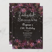 Bezauberte Berry Rose Dark Floral Quinceañera Einladung (Vorne/Hinten)