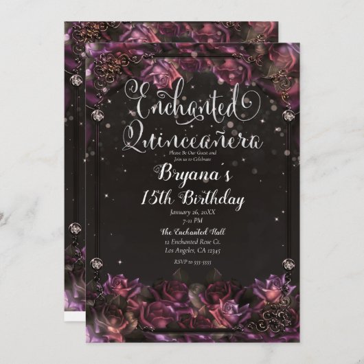 Bezauberte Berry Rose Dark Floral Quinceañera Einladung (Vorne/Hinten)