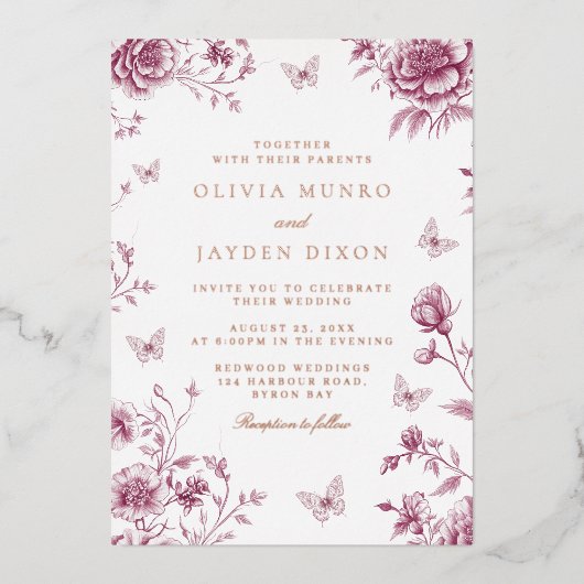 Bezauberte Dusty Rose & Rose Gold Wedding Folieneinladung (Vorderseite)