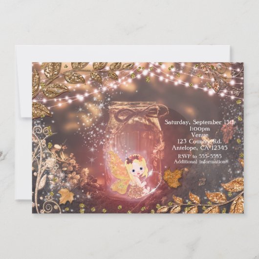 Bezauberte Fairy Jar Glitzer Herbstlaub Einladung (Rückseite)