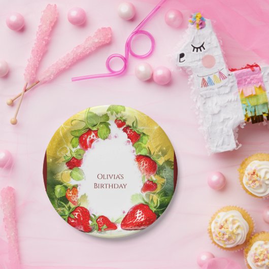 Bezauberte farbenfrohe, fröhliche Strawberry Gebur Pappteller (Party)