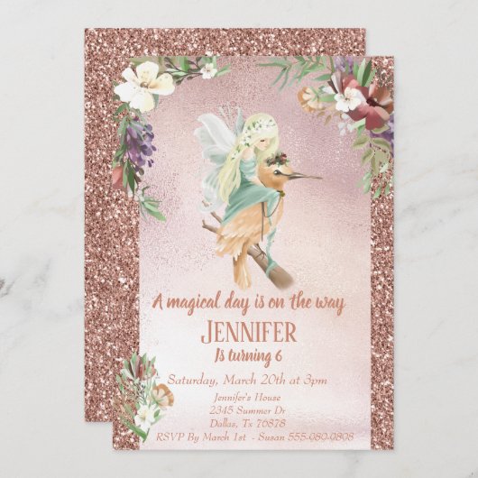 Bezauberte Fee auf der Vogelwelt Rose Gold Wunders Einladung (Vorne/Hinten)