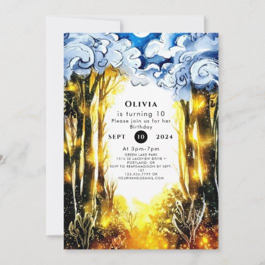 Bezauberte Firefly Woodland Geburtstag Einladung (Vorderseite)