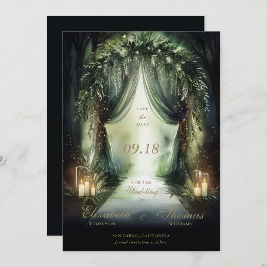 Bezauberte Forest Moody Romantic Emerald Wedding Save The Date (Vorne/Hinten)