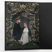 Bezauberte Gothic Raven Floral Wedding Green Dreifach Gefaltete Einladung (Innen Erste Seite)