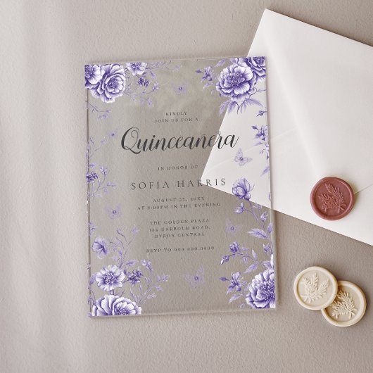 Bezauberte Lila Quinceanera, 15. Geburtstag Acryleinladungen