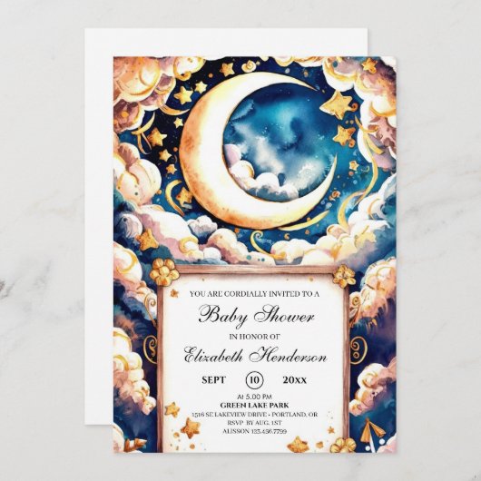 Bezauberte Moon Celestial Baby Dusche Einladung (Vorne/Hinten)