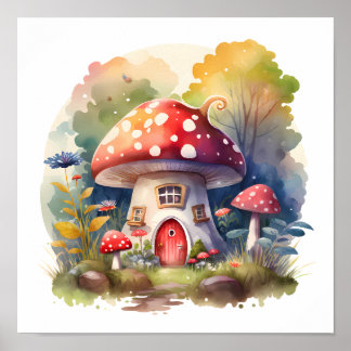Bezauberte Mushroom-Hütte Wasserfarbe Poster