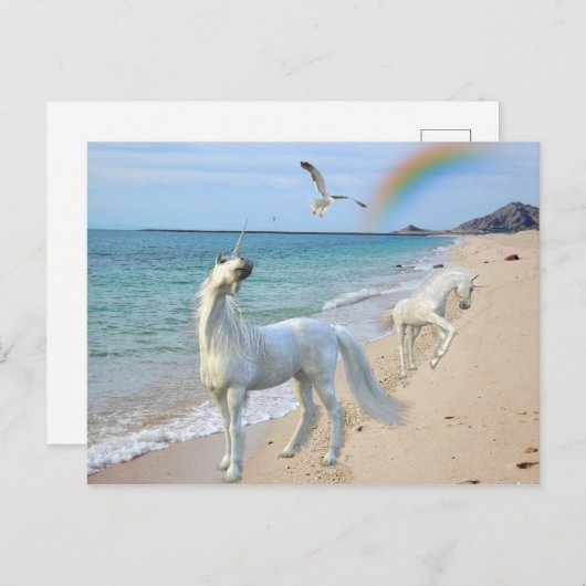 Bezauberte Mutter Unicorn und Foal Baby am Strand Postkarte (Vorne/Hinten)