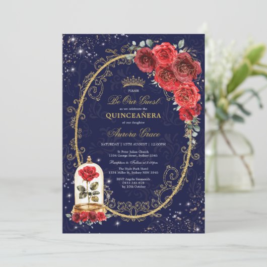 Bezauberte Rose Quinceañera Navy Rotes Gold Geburt Einladung (Stehend Vorderseite)