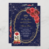 Bezauberte Rose Quinceañera Navy Rotes Gold Geburt Einladung (Vorne/Hinten)
