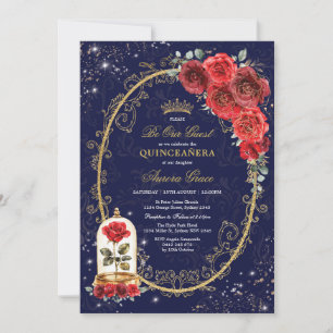 Bezauberte Rose Quinceañera Navy Rotes Gold Geburt Einladung