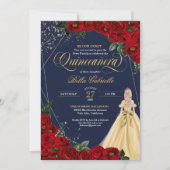 Bezauberte Rose Rot & Gold Messe Quinceañera Einladung (Vorderseite)