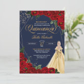 Bezauberte Rose Rot & Gold Messe Quinceañera Einladung (Stehend Vorderseite)