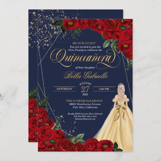 Bezauberte Rose Rot & Gold Messe Quinceañera Einladung (Vorne/Hinten)