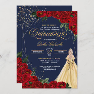 Bezauberte Rose Rot & Gold Messe Quinceañera Einladung