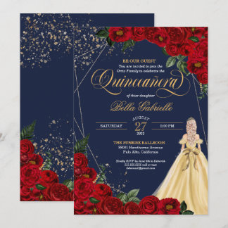 Bezauberte Rose Rot & Gold Messe Quinceañera Einladung