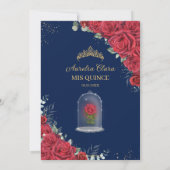 Bezauberte Rote Rosen Blauer Navy Einladung (Rückseite)