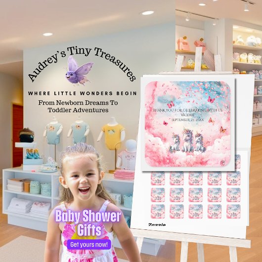 Bezauberte Unicorn-Babyduschkleber Quadratischer Aufkleber