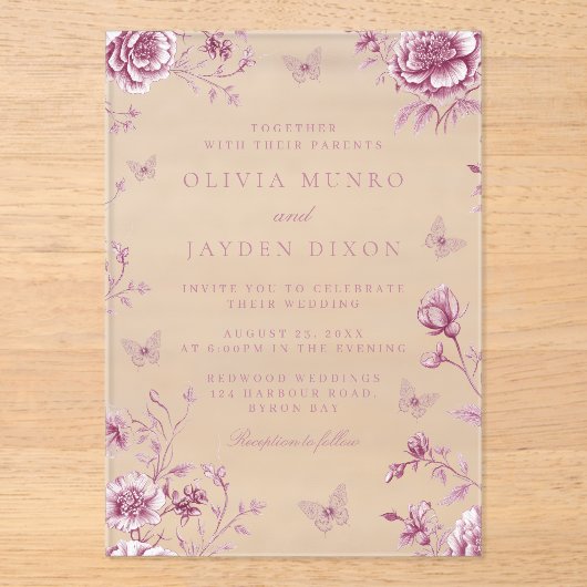 Bezauberte Vintage Blush Dusty Rose Blumenzehen Acryleinladungen (Vorderseite)