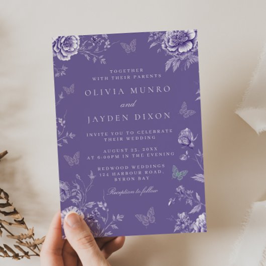 Bezauberte Vintage Lila Butterfly-Hochzeit Einladung