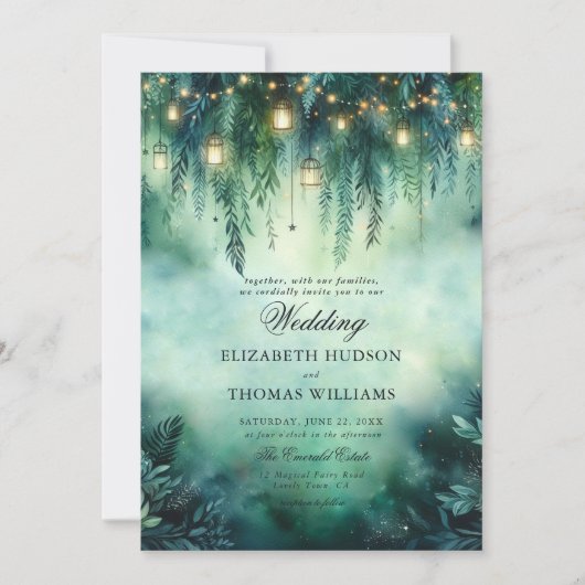 Bezauberte Waldhanging Lanterns Fairy Wedding Einladung (Vorderseite)